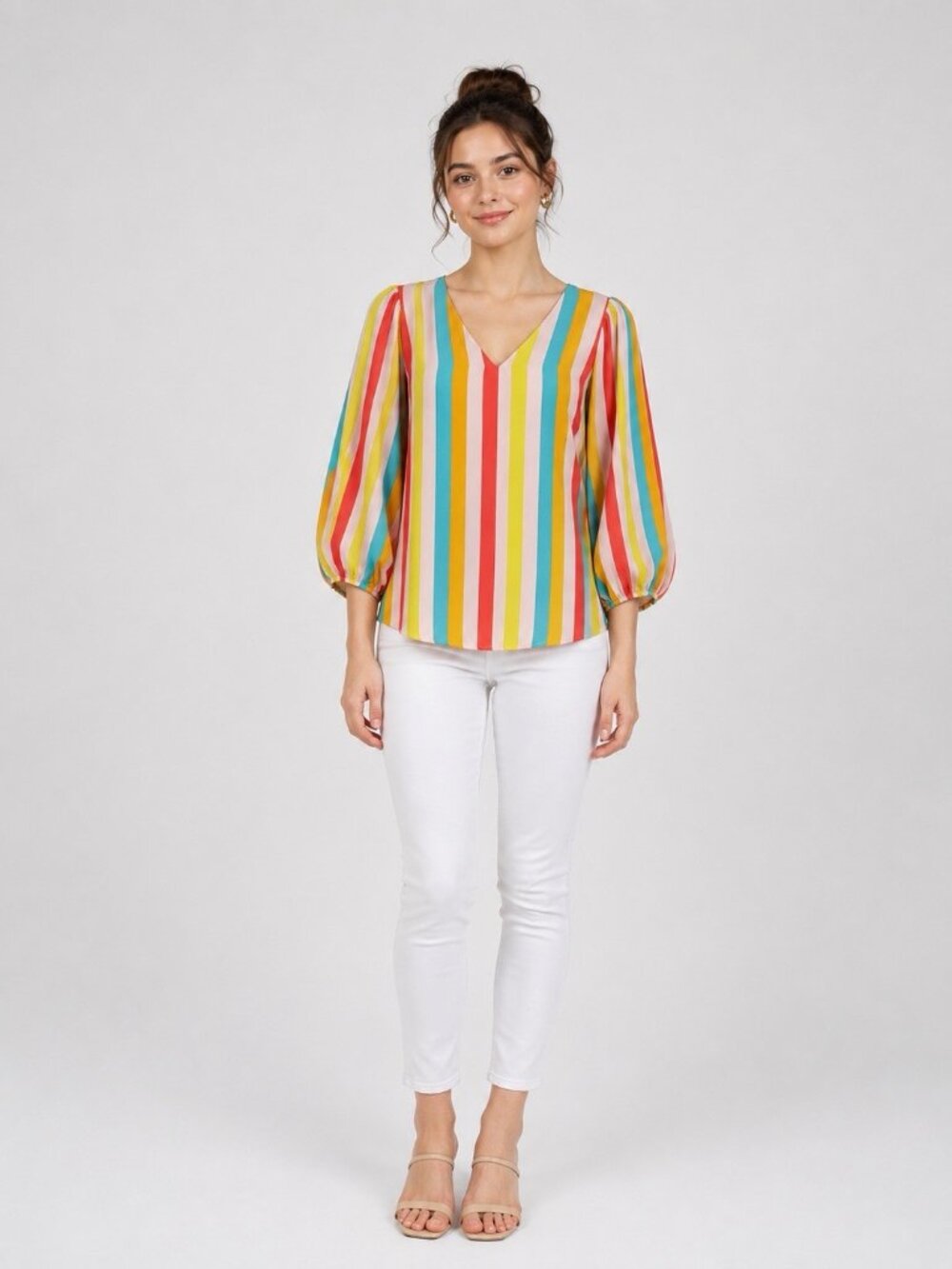 Adrienne Small V-Neck Striped Long Puff Sleeve Blouse USA Multicolor Lined EUC